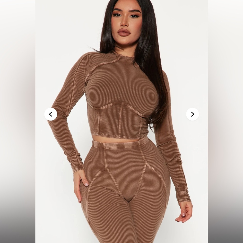 Brown Ribbed Long Sleeve Two Piece